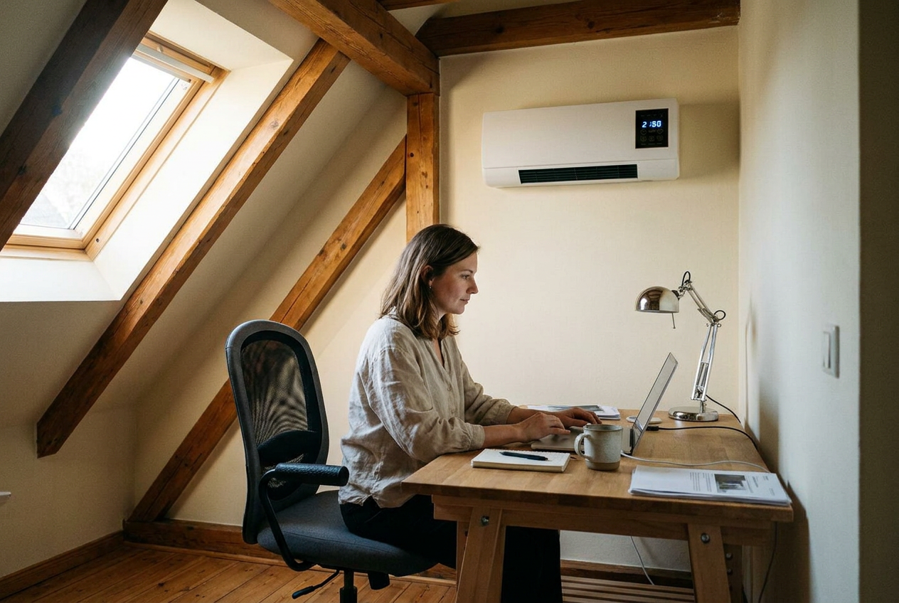 Coolizi nello studio sottotetto di Anna — lavoro a 24 °C, fuori 33 °C